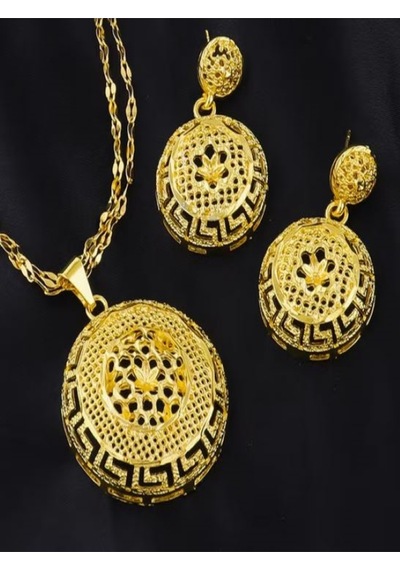 24k Altın Kaplama Etnik Kolye Ve Küpe Takı Seti Altın