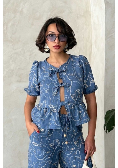 Verymoda Önden Bağlamalı Nakışlı Bluz D2788 Koyu Mavi