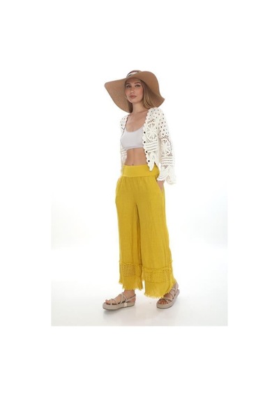 Eren Style İtalyan Fisto Detaylı Keten Pantolon-9186 Sarı