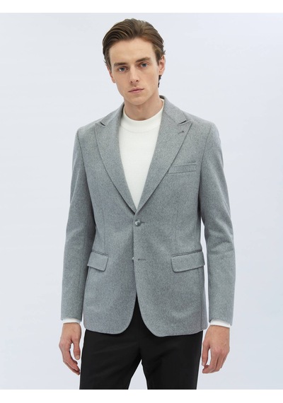 Kip Gri Düz Modern Fit Yün Karışımlı Ceket 6 Drop Gri