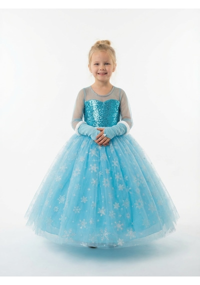 Butikhappykids Frozen Elsa Kostümü Uzun Kollu Kız Çocuk Prenses Elbisesi Taç+asa+saç+eldiven Hediyeli Mavi