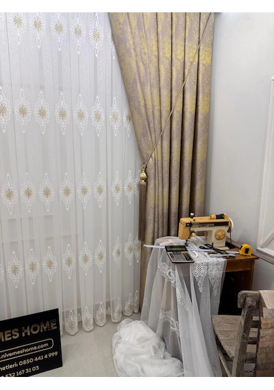 Nivemeshome Süzene 1950 Gold Detaylı 1/3 Sık Pileli Tül Perde Apm Ekru - Gold