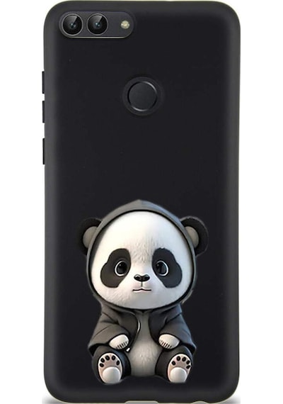 Huawei P Smart 2018 İle Uyumlu Sevimli Panda 0214d Tasarımlı Siyah Lansman Kılıf Çok Renkli