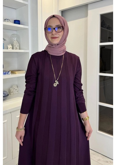 Rabia Şamlı Çiğdem Triko Elbise Mürdüm Normal