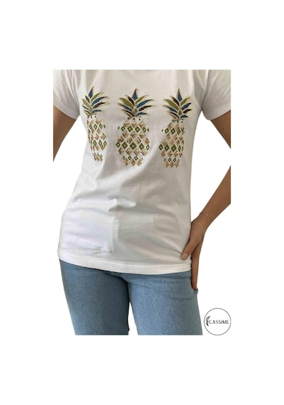 Cassime Kadın Büyük Ananas Pul Payet Işlemeli %100 Pamuk Kısa Kollu V-yaka Tişört Xl-2xl-3xl Beyaz Cassime Kadın Büyük Ananas Pul Payet Işlemeli %100 Pamuk Kısa Kollu V-yaka Tişört Xl-2xl-3xl Beyaz
