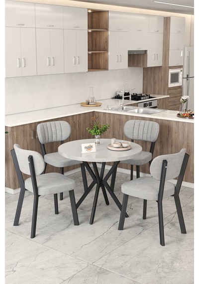 Gnr 90cm Sabit Beyaz Mutfak Masası Takımı, Yemek Masası, 4 Modern Gri Sandalye Gri