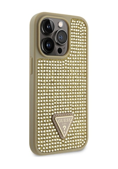 Apple Uyumlu iPhone 15 Pro Kılıf Guess Lisanslı Taşlı Arka Yüzey Üçgen Logolu Kapak Siyah