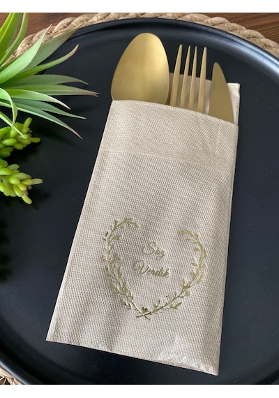 Gold Yaldızlı Kraft Söz Verdik Kalp Çelenk Cepli Peçete 12 Lı 40x40