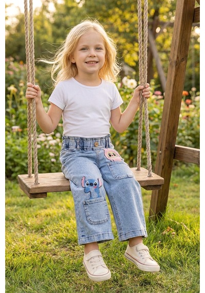 Babymod Figürlü Likralı Denim Kız Çocuk Kot Pantolon Mavi