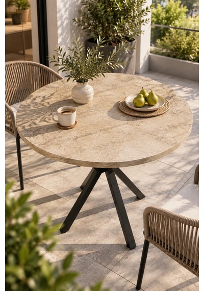 Sulorahome 90 Cm Yuvarlak Mutfak Masası - Traverten Desenli Modern Metal Ayaklı
