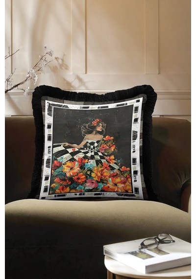 Çiçekli Retro Sanat Saçaklı Yastık Kılıfı - Kadın Figürlü Bohem Siyah Renkli Püsküllü Kırlent Kılıfı Mat Fırtına Pembe Çiçekli Retro Sanat Saçaklı Yastık Kılıfı - Kadın Figürlü Bohem Siyah Renkli Püsküllü Kırlent Kılıfı Mat Fırtına Pembe