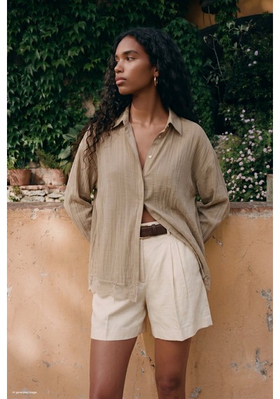 Sateen Dantel Detaylı Gömlek - Camel-137691