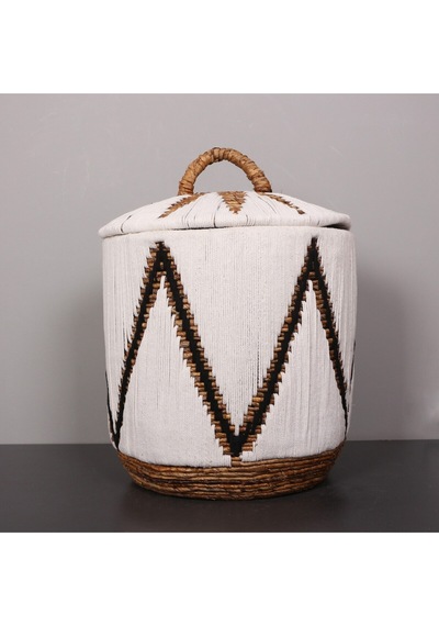Söke Beyaz Makrome Ve Doğal Abaka - Kapaklı Sepet 46x45 Cm Beyaz
