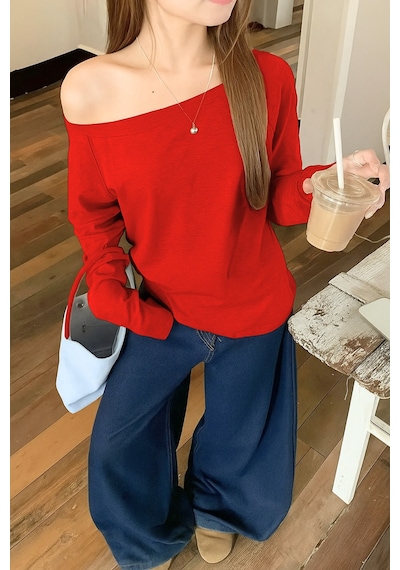 Siyah Kırmızı 2 Li Paket Kadın Düşük Omuz Kayık Yaka Oversize Uzun Kollu T-shirt Kırmızı