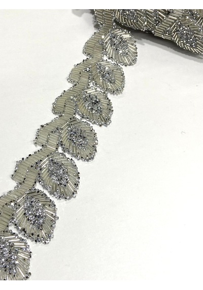 Ütü İle Yapışan Yaprak Model Şerit / Boncuklu Şerit / 1 Metre / H1 - Gümüş