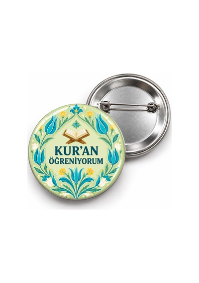 Kur An Öğreniyorum - Yeşil Lale Deseni - 58mm Rozet Çok Renkli