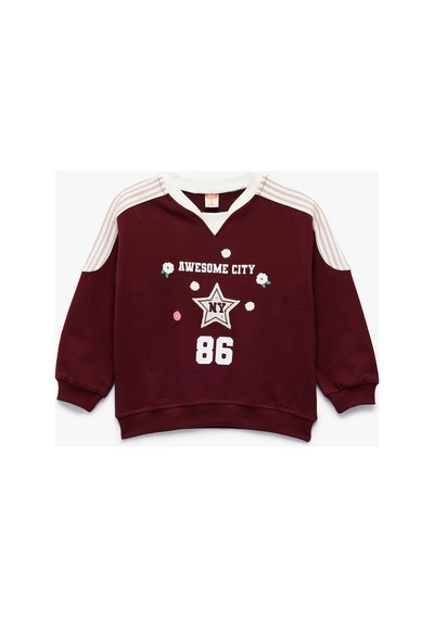 Koton Kız Bebek Şardonlu Pamuklu Uzun Kollu Renk Kontrastlı V Yaka Baskılı Sweatshirt Bordo