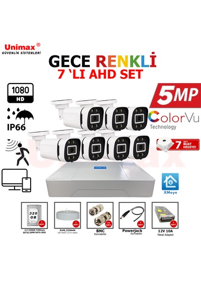 Unımax 5mp Sony Lens 7 Kameralı Güvenlik Seti 100m Kablo 30m Gece Görüş Xmeye