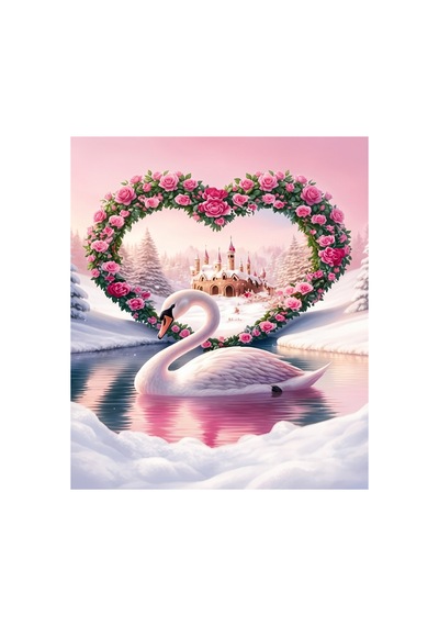 50x40 Cm Özel Tasarım Kalp Gül Çerçeveli Kuğu Ve Masal Şatosu 5d Elmas Tablo Yapım Seti