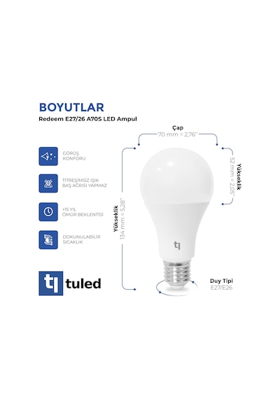 Redeem A70S E27 Led Ampul, Titreşimsiz, Göz Konforu, 1028 Lümen, Sıcak Beyaz, 2700 Kelvin
