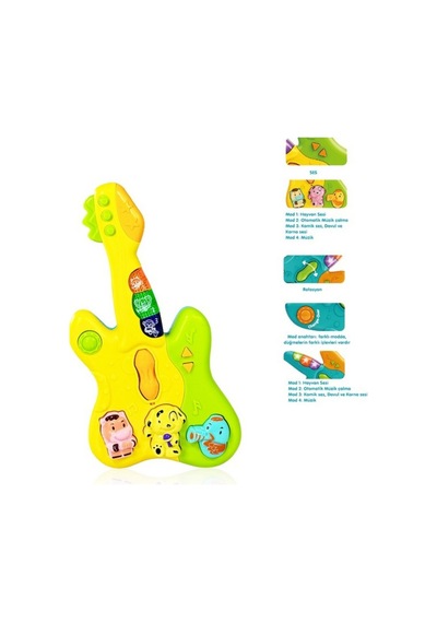 Hayvan Sesleri Çıkaran Işıklı Ninnili Müzikli Gitar İnteraktif Bebek Eğitici Tuşlu Oyuncak - Sarı