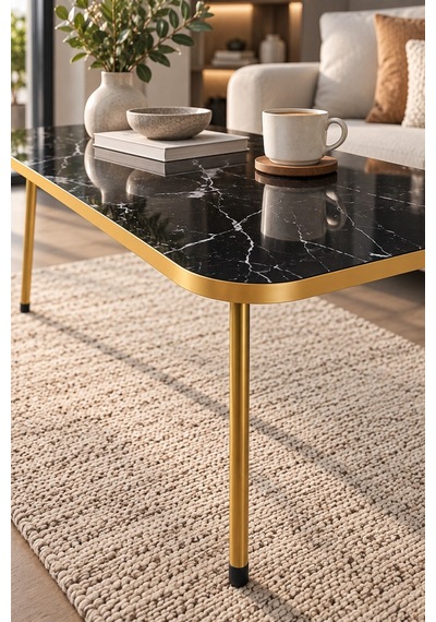 Sulorahome Gold Ayaklı Mermer Desenli Siyah Orta Sehpa 90x50 Cm Altın - Siyah