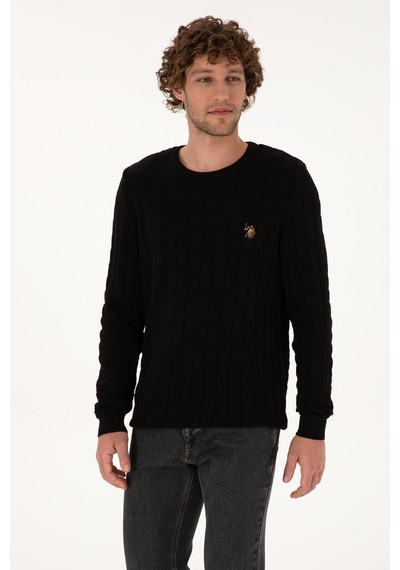 U.S. Polo Assn. Erkek Slim Fit Bisiklet Yaka Desenli Siyah Kazak 50307836-VR046