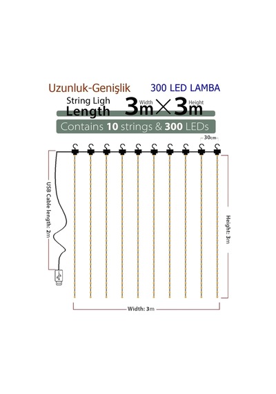8 Fonksiyonlu Peri Perde Led Uzaktan Kumandalı Günışığı Perde Peri Led 3 Mt X 3 Mt Yetişkin