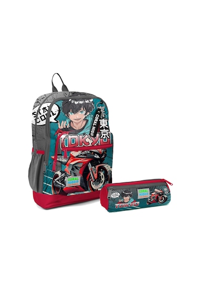Coral High İlkokul Sırt Çantası ve Kalemlik Seti - Gri Nefti Anime Motorsiklet - Erkek Çocuk