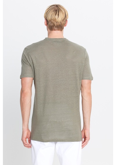 AC&Co / Altınyıldız Classics Erkek Hakı %100 Keten Slim Fit Dar Kesim Bisiklet Yaka Tişört Hakı
