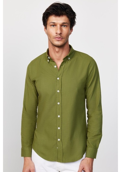 Tudors Slim Fit Uzun Kollu Biyeli Yaka Düğmeli Keten Haki Erkek Gömlek-28743-haki Haki