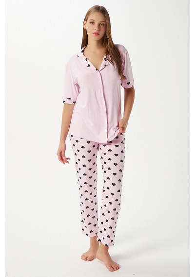 Kadın Lily Yumuşak Doku Pembe Kalpli Ön Düğmeli Kısa Kollu Pijama Takımı Pembesiyah Pembe - Siyah