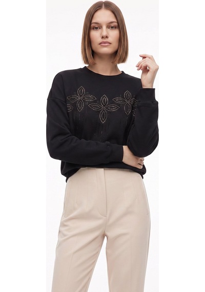 Fabrika Siyah Kadın Bisiklet Yaka Loose Fit Desenli Sweatshirt F6wl-swt0132