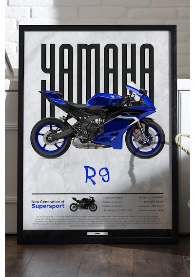 Yamaha R9 Siyah Ahşap Çerçeveli Poster, Dekoratif Motosiklet Duvar Tablosu
