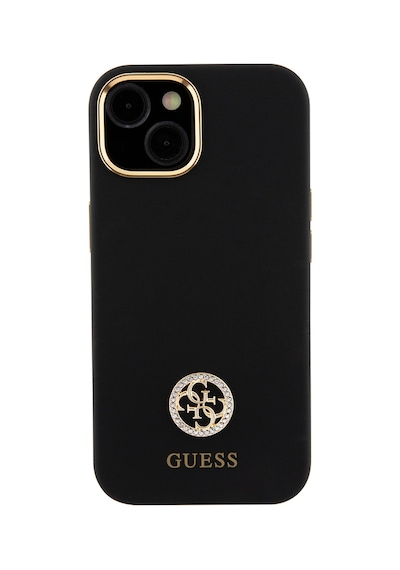 Apple Uyumlu iPhone 15 Kılıf Guess Lisanslı Yazı Ve Taşlı 4g Logolu Metal Kamera Çerçeveli Silikon Kapak Siyah