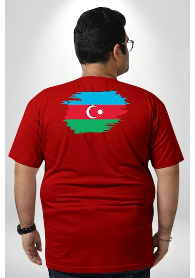 Angemiel Azerbeycan Bayrağı Büyük Beden Kırmızı Tişört Kadın Erkek Ünisex Sırt Baskılı Kırmızı