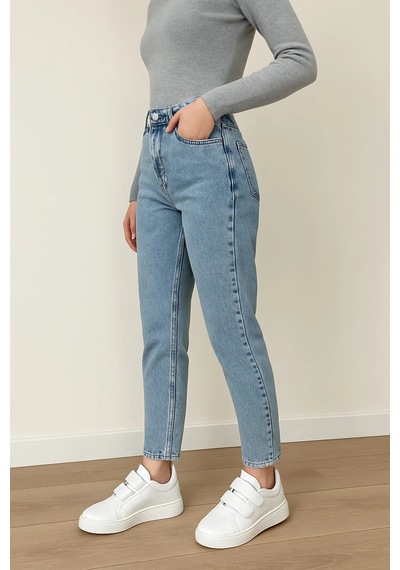 Woddi Kadın Likralı Mom Mavi Kar Yıkama Jean Kot Pantolon-3 Taş1
