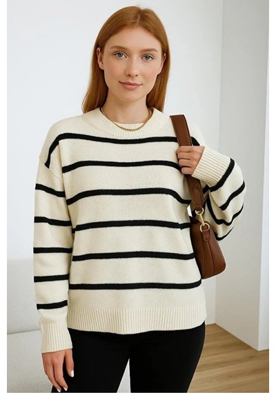 Fashion Friends Bisiklet Yaka Çizgili Bej Kadın Kazak 25k0093k1
