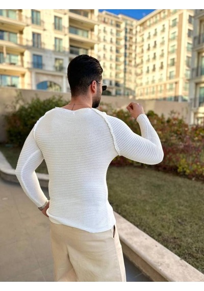 Kazak Slim Fit Triko Dar Kesim Geniş Yaka Yumuşak Dokulu Pamuklu Kazak Ekru