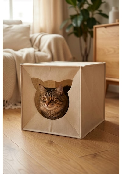 Bej Keçe Kedi Yuvası Dekoratif Mama Kabı Altlığı Hediyeli Organizer Düzenleyici Katlanabilir