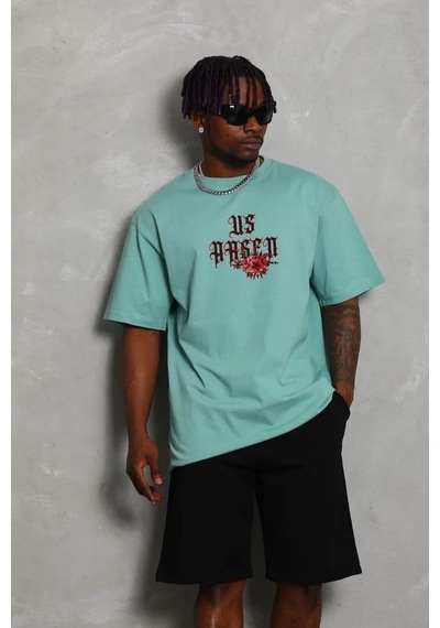 Erkek Baskılı Tişört Kısa Kol Bisiklet Yaka Oversize T-shirt - Mint Yeşili