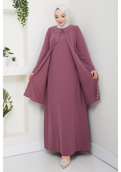 Eslemnur Papatya Taşlı Büyük Beden Anne Elbisesi Pembe