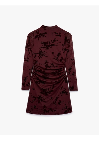 Koton Slim Fit Drapeli Uzun Kollu Dik Qipao Yaka Çiçekli Tül Mini Elbise Bordo 7wak80019pk