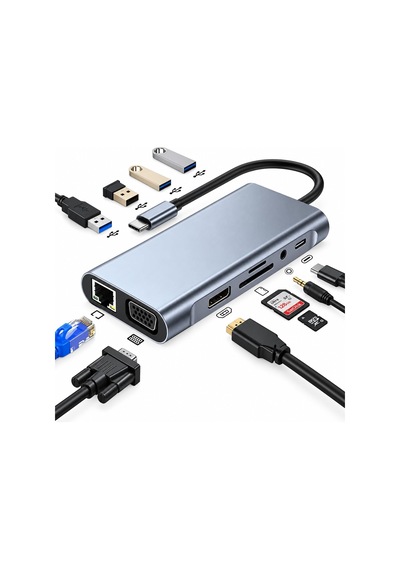 11 İn 1 Arada Usb-c Hub Type-c Çoklayıcı Adaptör, 4k Hdmı, Vga, Rj45 Ethernet, Pd Şarj, Usb 3.0 + 3 Usb 2.0, Sd/tf Kart Okuyucu, 3.5 Mm Ses Çıkışı, Tüm Type-c Cihazlarla Uyumlu