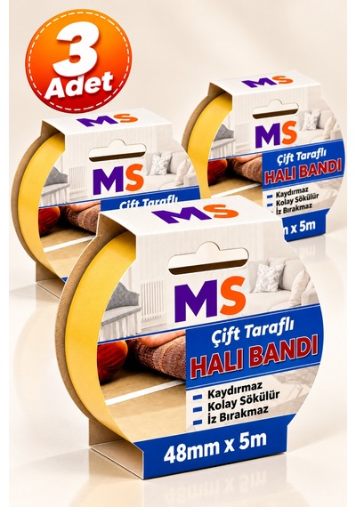 3 Adet Premium Çift Taraflı Halı Bandı 48 Mm X 5 Metre Yapışkanlı Kaydırmaz Kaymaz Bantı Kilim Paspas