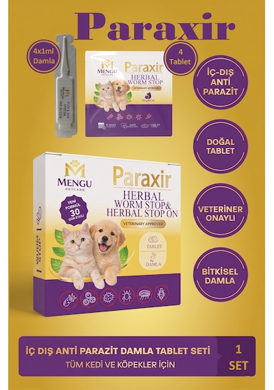 Mengu Petcare Paraxir Kedi Köpek İç Dış Anti Parazit Uzaklaştırıcı Bitkisel Damla Ödül Tablet Seti Bit Pire Giderici 4 Lü Set
