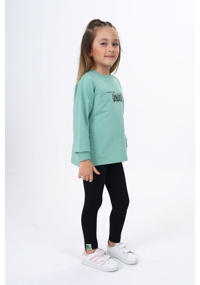 Toontoy Kids Toontoy Kız Çocuk 2'li Takım Baskılı Bisiklet Yaka Sweatshirt & Basic Düz Tayt Yeşil