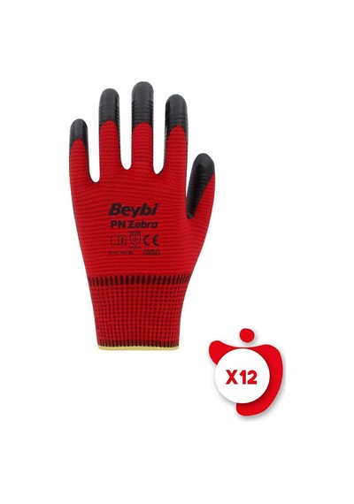 Beybi Pn Zebra Kırmızı Polyester Örme Nitril İş Eldiveni 10 Beden 12 Çift
