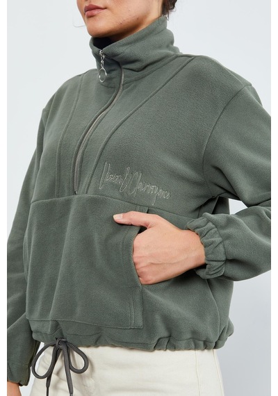 Tommy Life Çağla Yarım Fermuar Etek Ucu Büzgülü Kadın Polar Oversize Sweatshirt - 97171 Çağla