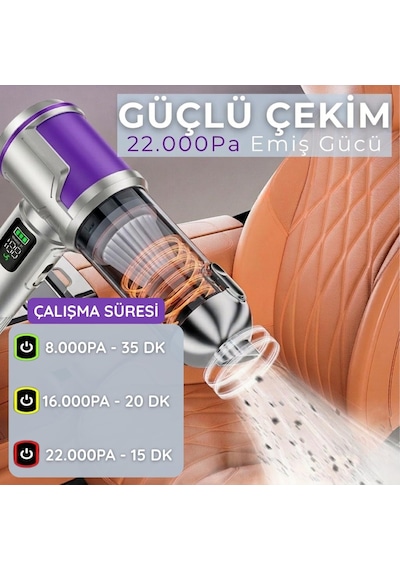 Romofy Şarjlı Araç Süpürgesi 22.000 Pa - Üfleme Özellikli Mini Oto Süpürgesi 3 Kademeli - 15.000 Mah Şarj Kapa Diğer